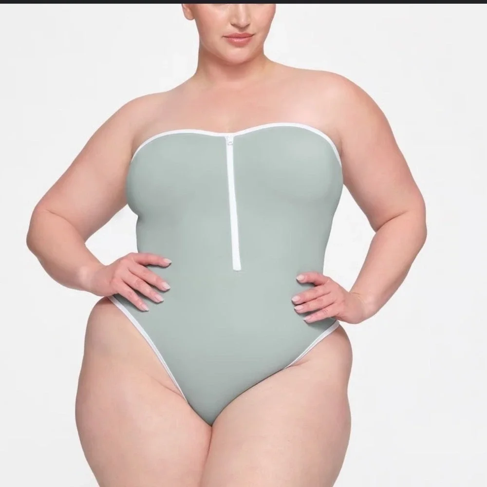 SKIMS Sporty Zipper Swim Strapless One Piece Pacific Blue 3X Plus Size NWT